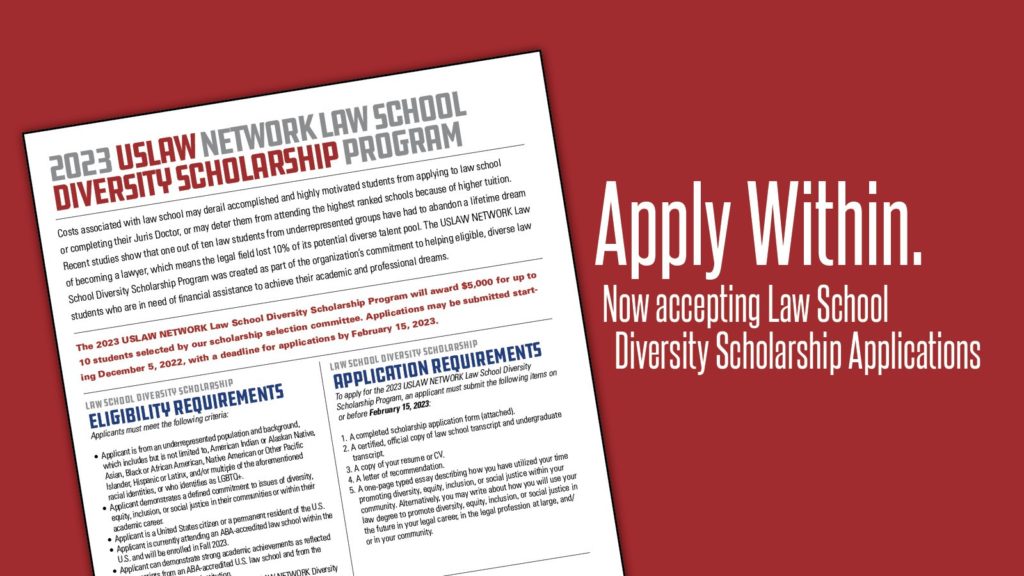 Application deadline extended: 2023 USLAW NETWORK Scholarship Program for Diverse Law School Students