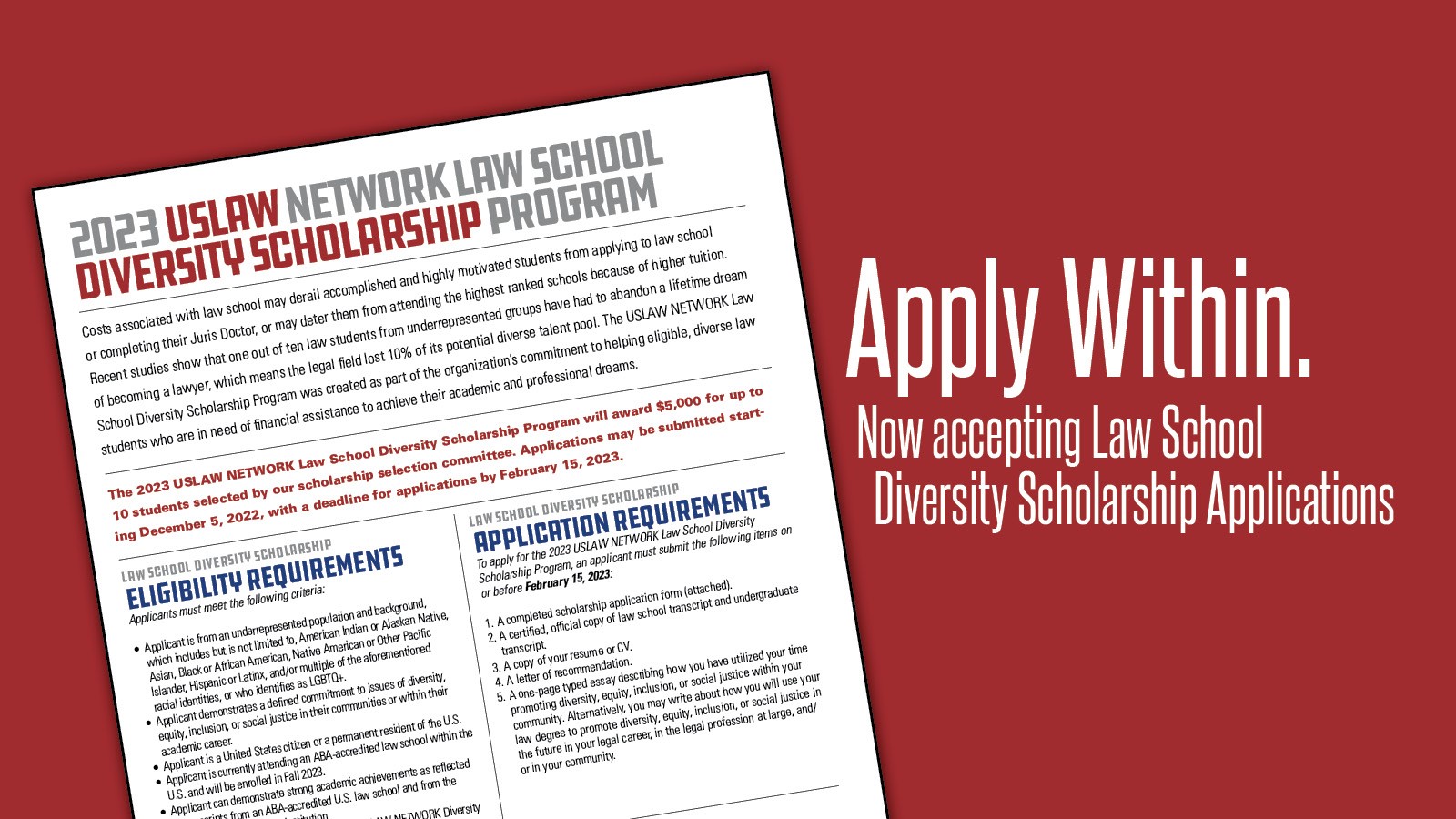 Application deadline extended: 2023 USLAW NETWORK Scholarship Program for  Diverse Law School Students - USLAW