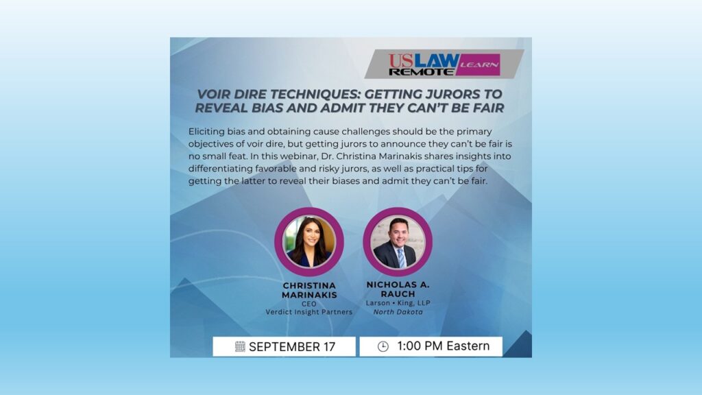USLAW Remote: Learn | Voir Dire Techniques: Getting Jurors to Reveal Bias and Admit They Can’t Be Fair